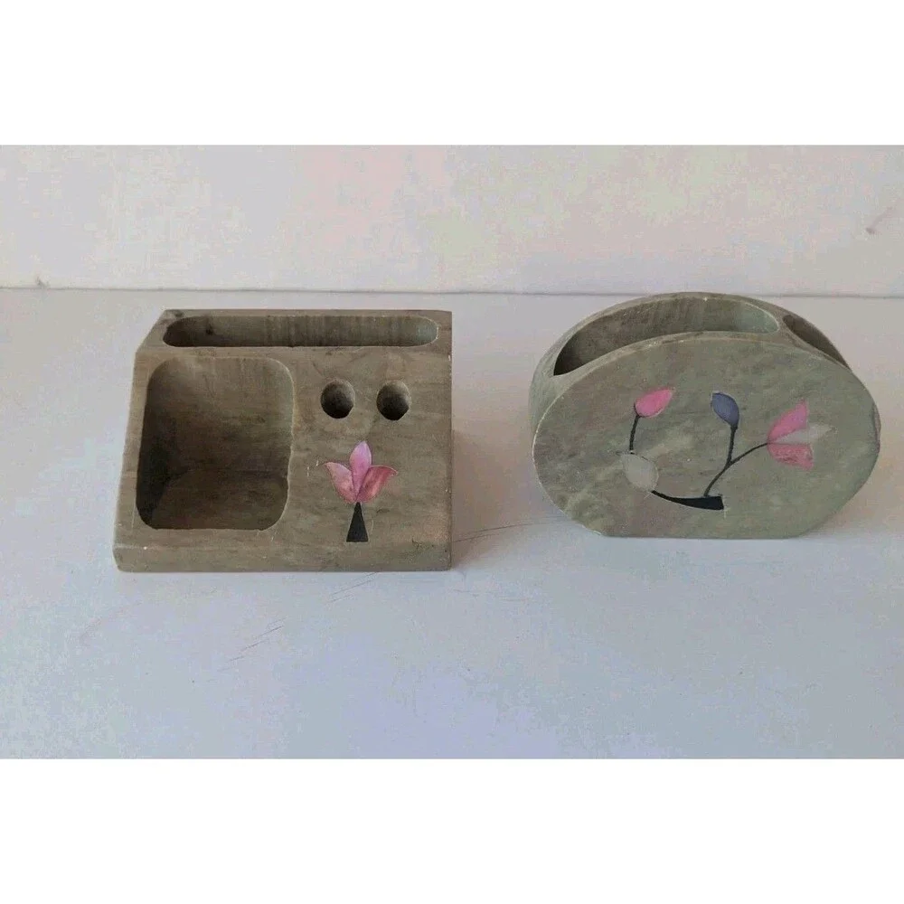 Vtg Soapstone Set Of 2 Decorative Desk Pen & Business Card Holder Hand Carved